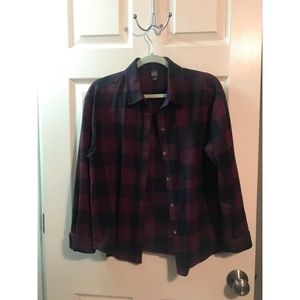 Black and maroon plaid top.